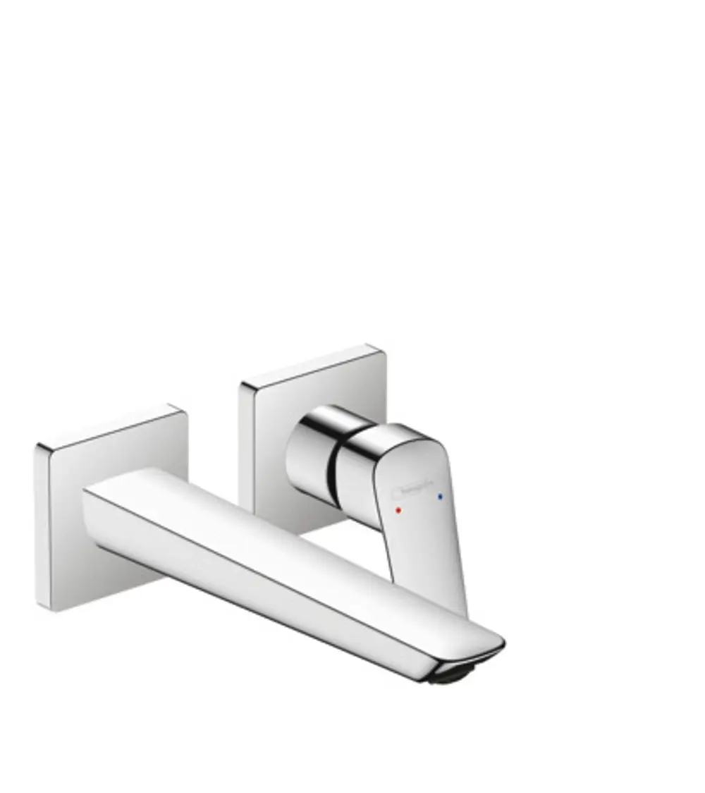 Ein Unterputz-Waschtischmischer von Hansgrohe mit rechteckigem Auslauf und zwei Bedienelementen für die Wandmontage in verchromter Oberfläche.
